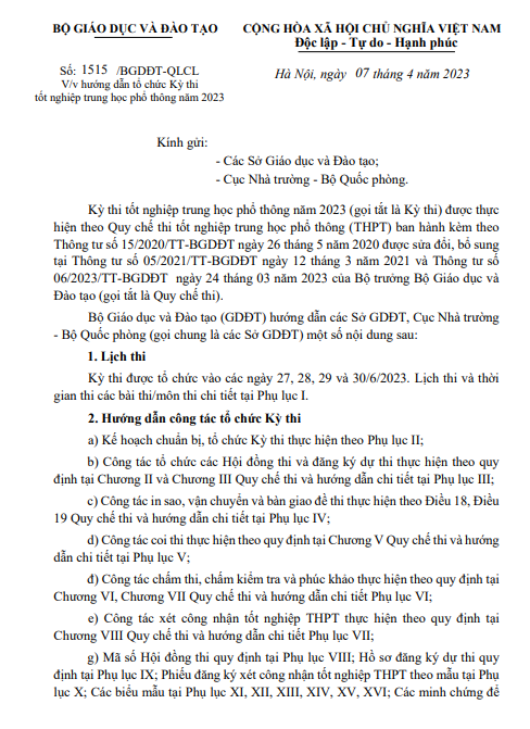 Hướng dẫn tổ chức Kỳ thi tốt nghiệp trung học phổ thông năm 2023